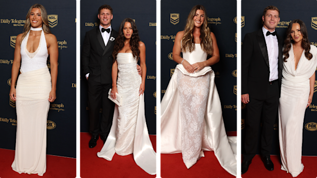 White trend on Dally M’s red carpet. L-R: Shaylee Bent; Kalyn Ponga and Mimi Bowell; Jessica Sergis; Blayke Brailey and Rebecca Brailey