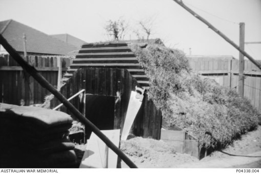 A backyard air raid shelter in Gardeners Road, Mascot, Sydney in 1942.