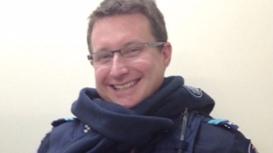 Senior Constable Brett Forte in his police uniform, with a few humorous additions.