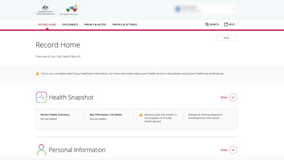 A screenshot of a person's My Health Record.