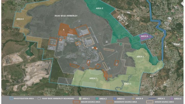 Areas of PFAS contamination at RAAF Base Amberley and nearby.