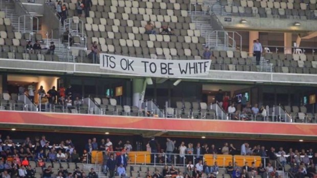 Sign of the times: The controversial banner during the Perth Scorchers match at Optus Stadium on Thursday night.