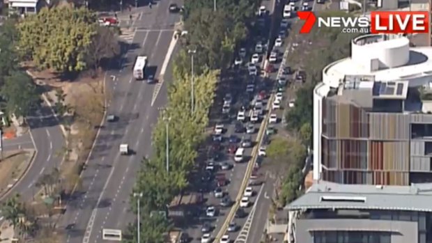 Traffic is backed up after a crash on the Story Bridge