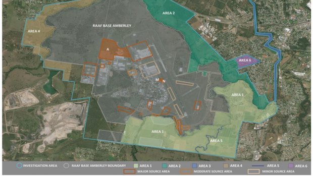Areas of PFAS contamination at RAAF Base Amberley and nearby suburbs. Main sources of contamination are shown in orange. Areas to be studied now ring the RAAF base.