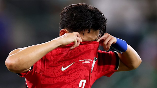 Heung-Min Son of Korea Republic reacts after losing to South Africa.