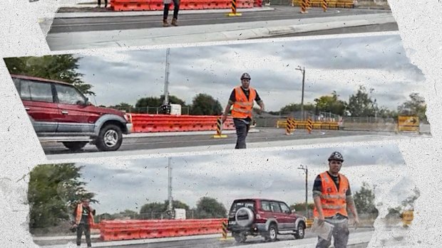 Joel Shackleton and Gerry McCrudden on the Monash Freeway upgrade before an ugly confrontation with a labour hire business owner.