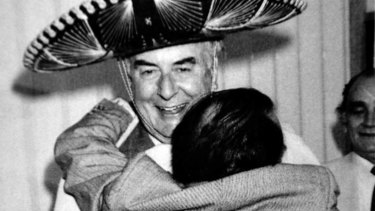 The prime minister Gough Whitlam gives Al Grassby a South American embrace at the festival Del Sol.
