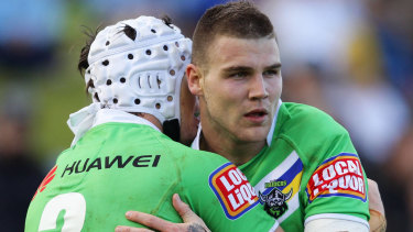 Josh Dugan, right, with Jarrod Croker during his time at the Raiders.