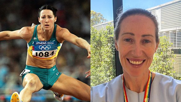 Jana Pittman competing at the 2004 Olympic Games, and as a doctor today.