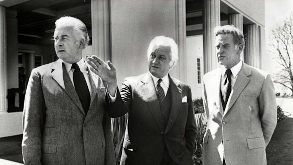 Whitlam as prime minister, governor-general Sir John Kerr and senator Ken Wriedt in 1975, months before the Dismissal.