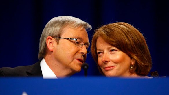 Happier times ... then PM Kevin Rudd and deputy Julia Gillard at the ALP national conference in July 2009.