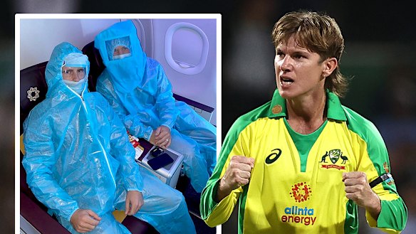 Adam Zampa is hoping to get home and (inset) Kane Williamson and David Warner, IPL teammates, suit up for an internal flight in India.