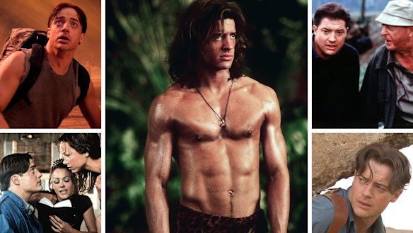 Brendan Fraser in, clockwise from top left, Journey to the Centre of the Earth; George of the Jungle; The Quiet American, with Michael Caine; The Mummy: Tomb of the Dragon Emperor; and Bedazzled, with Elizabeth Hurley and Frances O’Connor.