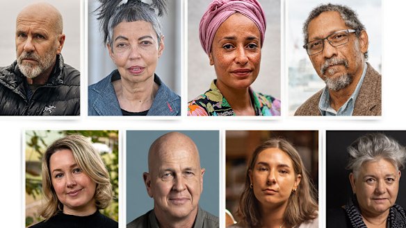 Many of the writers who boycotted Adelaide Writers’ Week are mainstays of the literary festival circuit.  Clockwise from top from left: Richard Flanagan, Michelle de Kretser, Zadie Smith, Percival Everett, Melissa Lucashenko, Evelyn Araluen, Peter Greste and Hannah Kent.