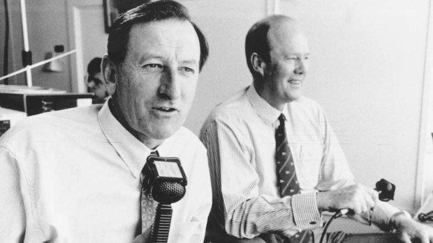Tony Greig in the commentary box with Bill Lawry, during Channel Nine's glory days.