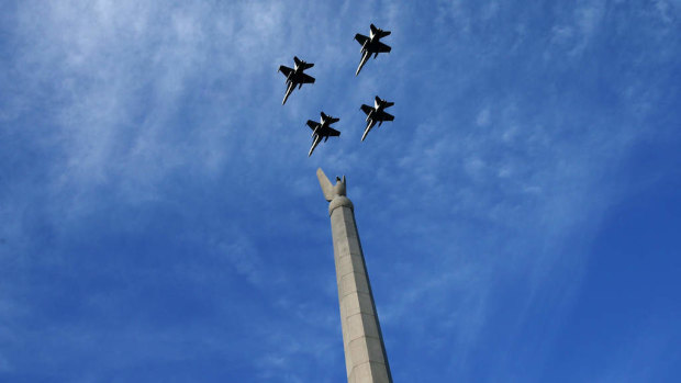 F/A-18 Hornets flypast during the Chief of the Defence Force Change of Command Parade in Canberra.