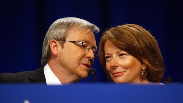 Happier times ... then PM Kevin Rudd and deputy Julia Gillard at the ALP national conference in July 2009.
