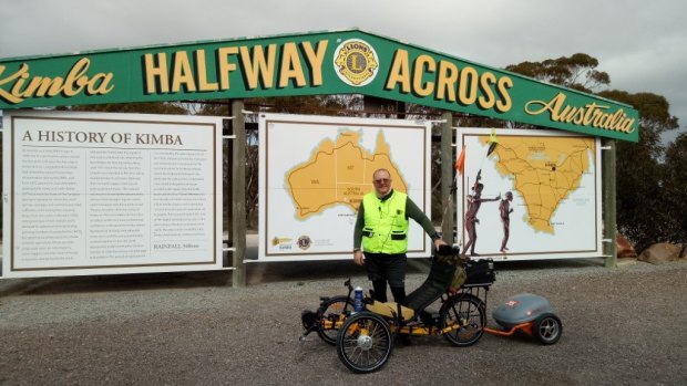 Canberra man Shane Stroud at the mid-way point across the continent at Kimba in South Australia.