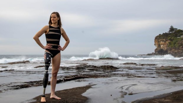 Paralympic swimmer Ellie Cole posing for Cate Campbell on the coast at Dee Why in Sydney.