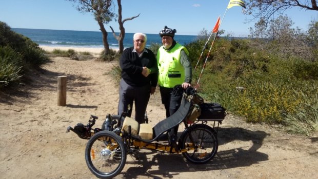 We did it: Garry Stroud and son Shane at the finishing point at Moruya.