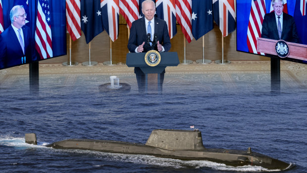 Scott Morrison joins US President Joe Biden and UK Prime Minister Boris Johnson to announce a pact between the three nations that will see a fleet of nuclear-powered submarines built in Adelaide.