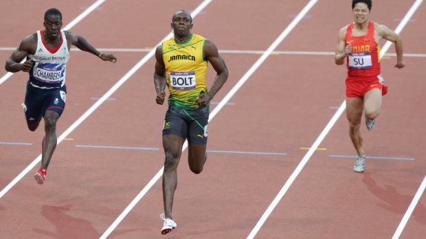 Out in front: Usain Bolt of Jamaica leads the pack during the Men's 100m semi-final.