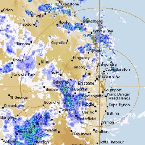 The south-east Queensland radar showing heavy rain approaching on Wednesday afternoon. 