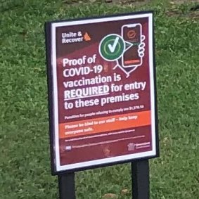 A sign outside Queensland Museum in South Bank on Thursday afternoon saying proof of vaccination is now required to enter the building. 