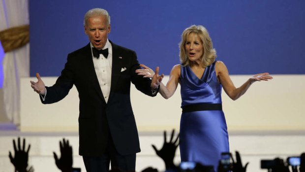 Vice President Joe Biden and Jill Biden react to the crowd at The Inaugural Ball in the Washington convention Center two years ago.