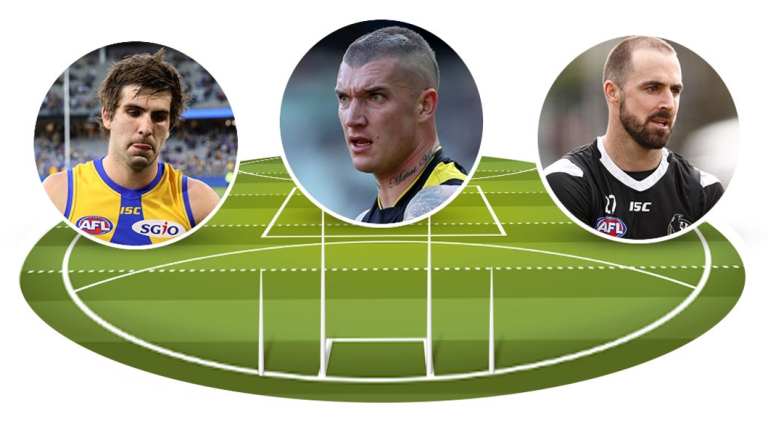 The centres: Andrew Gaff, Dustin Martin and Steele Sidebottom.