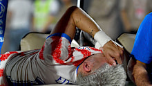 Julio Enciso is stretchered off the field injured during the international friendly match between Paraguay and Nicaragua.