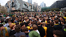 Fans ready to watch the Socceroos and Paraguay on the big screen at Federation Square.