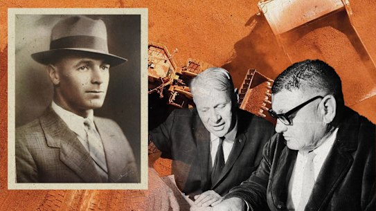 Mining pioneers Don Rhodes (inset), Peter Wright and Lang Hancock.