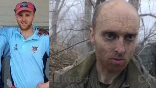 Oscar Jenkins, pictured (left) playing for Toorak Prahran Cricket Club, was captured by Russian forces while fighting for Ukraine (right).