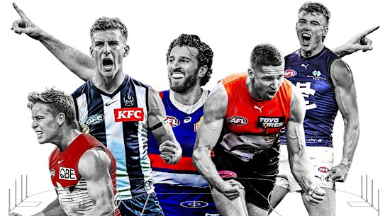 All-Australians: Isaac Heeney, Nick Daicos, Marcus Bontempelli, Jesse Hogan and Patrick Cripps.