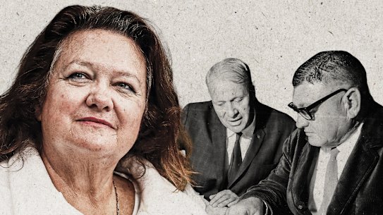 Gina Rinehart and her company Hancock Prospecting, started by her father Lang (far right), is defending claims to its Hope Downs iron ore tenement in the Pilbara from Wright Prospecting, started by Peter Wright (left).