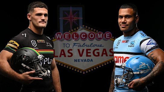 Penrith’s Nathan Cleary and Cronulla’s Sione Katoa ahead of their Las Vegas showdown.