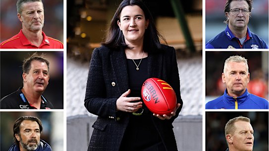 AFL football manager Laura Kane (centre) and coaches: (left, top to bottom) Damien Hardwick (Gold Coast), Ross Lyon (St Kilda), Chris Scott (Geelong) and (right) Luke Beveridge (Western Bulldogs), Adam Simpson (West Coast) and Michael Voss (Carlton).