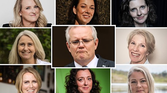 PM Scott Morrison (centre) and some of the independent female candidates running in 2022. Pictured (clockwise from top left): Kylea Tink (North Sydney), Sophie Scamps (Mackellar), Allegra Spender (Wentworth), Penny Ackery (Hume), Claire Boardman (Flinders), Monique Ryan (Kooyong), Zoe Daniel (Goldstein) and Linda Seymour (Hughes). 