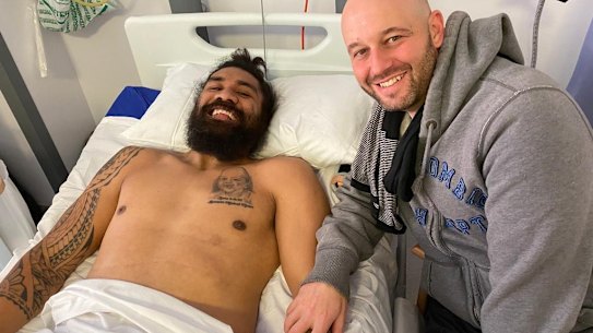 NRL chief executive Todd Greenberg visits Mose Masoe at Pinderfields Hospital in Wakefield.