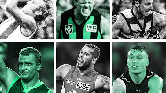 Footy through the decades: (clockwise from left) Malcolm Blight, Dermott Brereton, Gary Ablett snr, Patrick Cripps, Lance Franklin and Michael Voss.