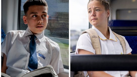 James Badolato makes his way home to Gymea from Westfields Sports High School in Fairfield - a journey that takes them two hours one way.  22 September, 2023. Photo: Brook Mitchell
Maronay Smuts arrives at Cameron Park for the first of her two bus stages in her transit to her high school at Gateshead. She travels from her home in Singleton with her mum Dorithy to Cameron Park, then by bus to Cardiff to meet another bus which then takes her to school. pic show Maronay saying goodbye to her mum before boarding the bus to start the remainder of her trip. 22nd Sept 2023.pic by Peter Stoop/Sun Herald
