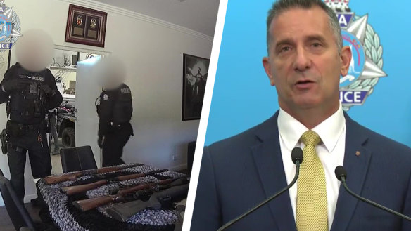 WA Police officers with firearms seized under Firearm Prohibition Orders (left) and Police Minister Paul Papalia.