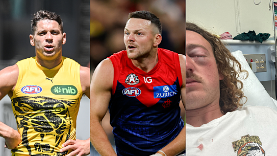 Richmond star Dion Prestia, Melbourne fullback Steven May and alleged victim Will Salter.