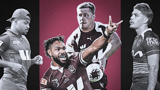 As estrelas dos Dolphins, Hamiso Tabuai-Fidow e Max Plath (centro) lideram o time titular de seis times para o segundo jogo, enquanto os Broncos optaram principalmente por reservas, incluindo Ezra Mam (esquerda) e Reece Walsh (direita) na série.