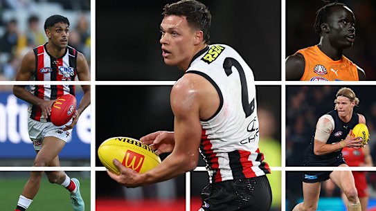 Marcus Windhager’s future at St Kilda remains uncertain as the club fights to keep Nasiah Wanganeen-Milera (left) and recruit Leek Aleer and Tom De Koning (both right)