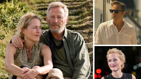 Gillian Anderson and Jason Isaacs in The Salt Path; Isaacs in The White Lotus; Anderson on the red carpet. 