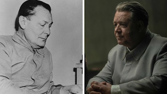 Hermann Georing during his Nuremberg trial, and Russell Crowe as the Nazi leader in the film Nuremberg.