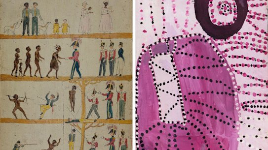 Then and now: After George Frankland, Governor Arthur’s Proclamation to the Aborigines c. 1828-30; left; Noŋgirrŋa Marawili, Baratjala 2022 (detail).