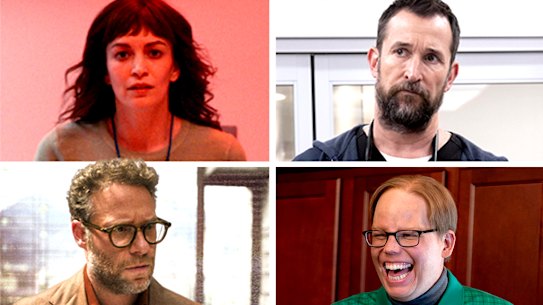 Emmy winners (clockwise from top left): Britt Lower in Severance, Noah Wyle in The Pitt, Jeff Hiller in Somebody Somewhere and Seth Rogen in The Studio. 